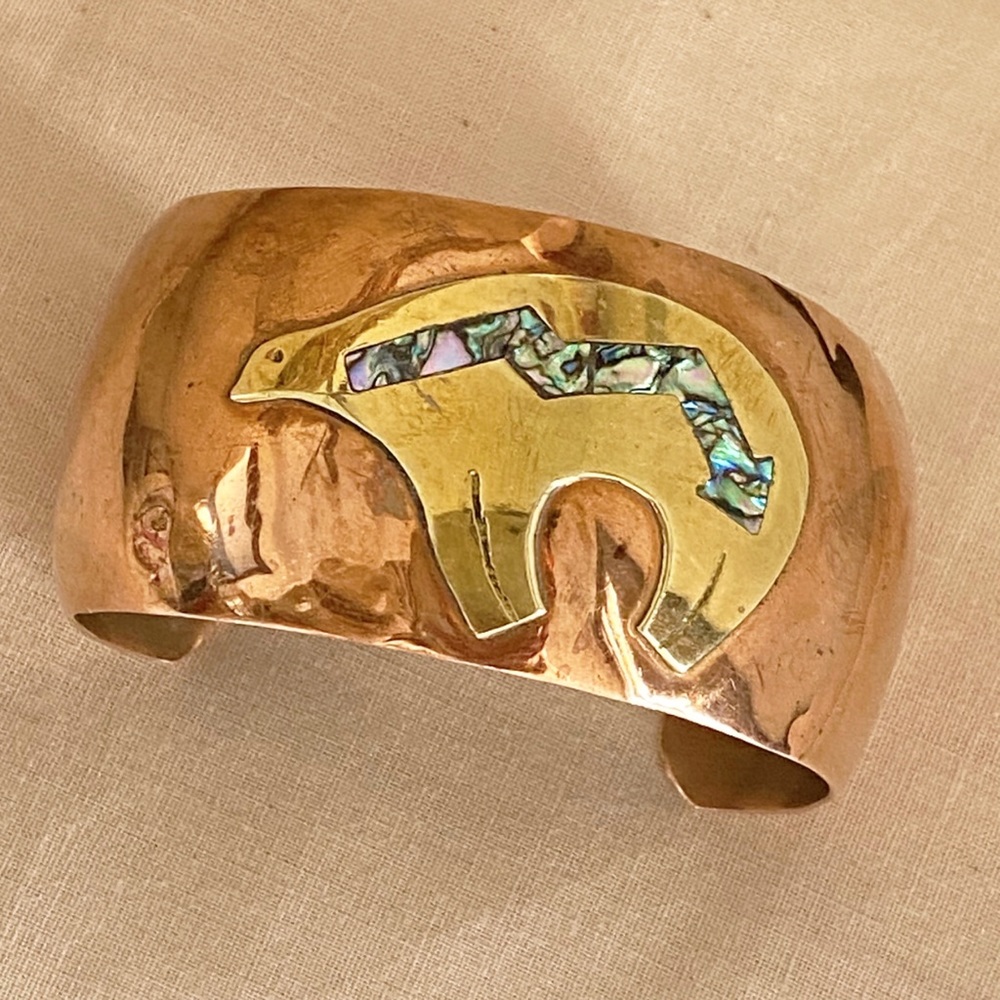 Vintage Copper & Brass Abalone Shell Inlay Native Bear Cuff Bracelet